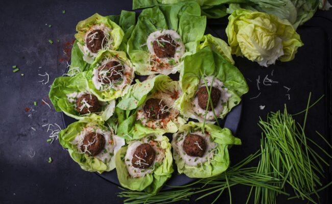 ketoliv-Keto frikadeller med blomkålsmos på grøn bund-overview