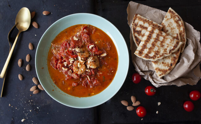 Shrimp saganaki keto flat bread